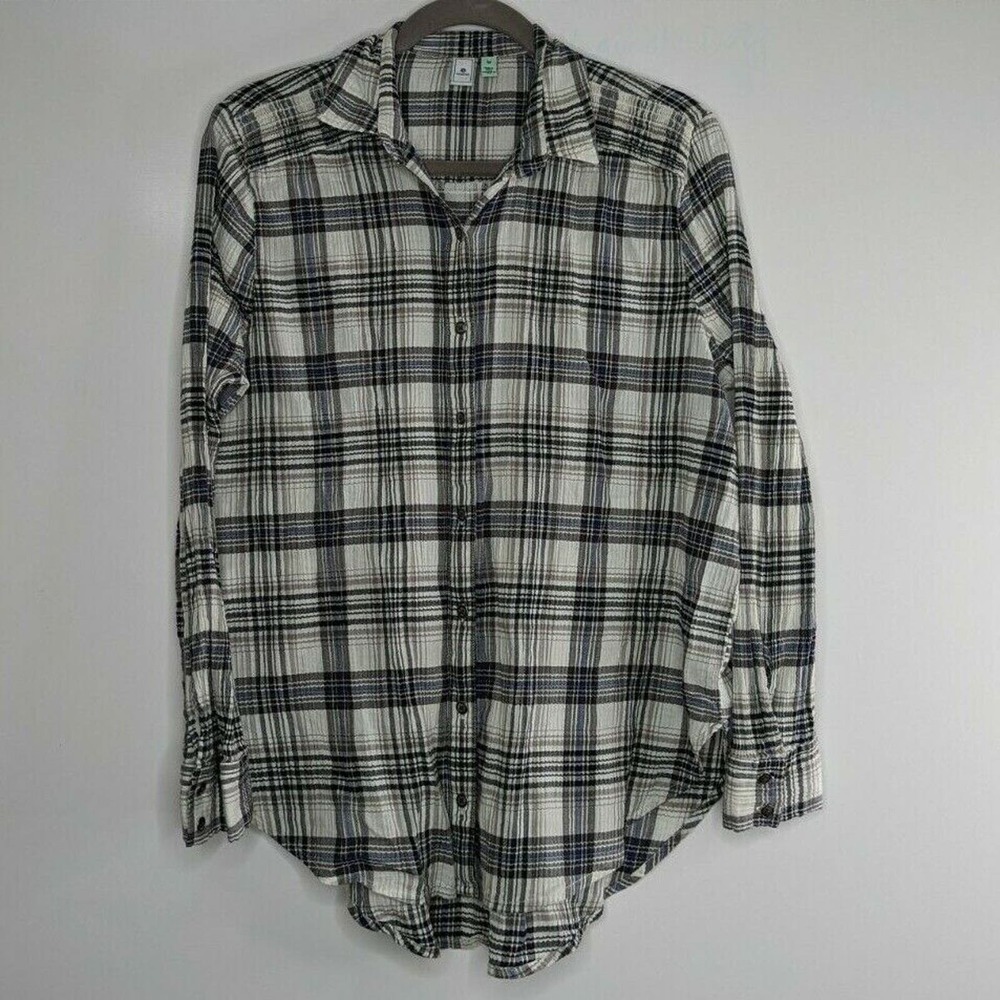 Susina Womens M Gray Blue Plaid Pleated Long Sleeve Button Up Shirt